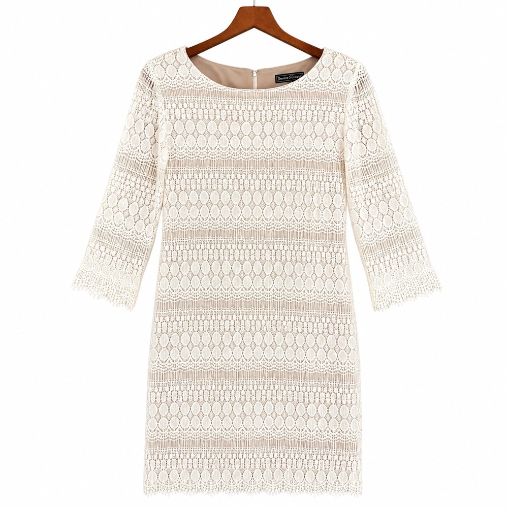 Jessica Howard 14P Ivory Crochet Lace Dress Petite Boho Bridal Fringe 3/4 Sleeve